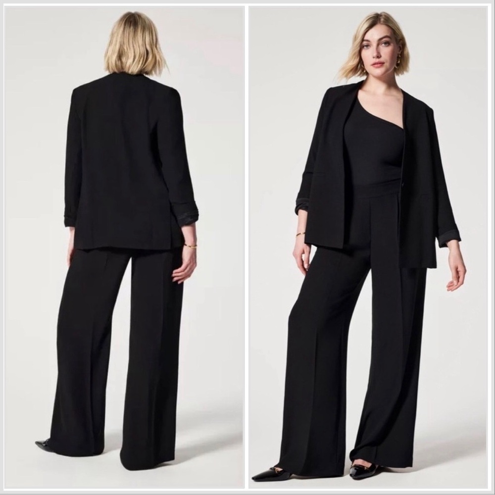 SPANX $168 Washable Crepe Pleated Trousers Black Medium Pull-On Wide Leg Travel